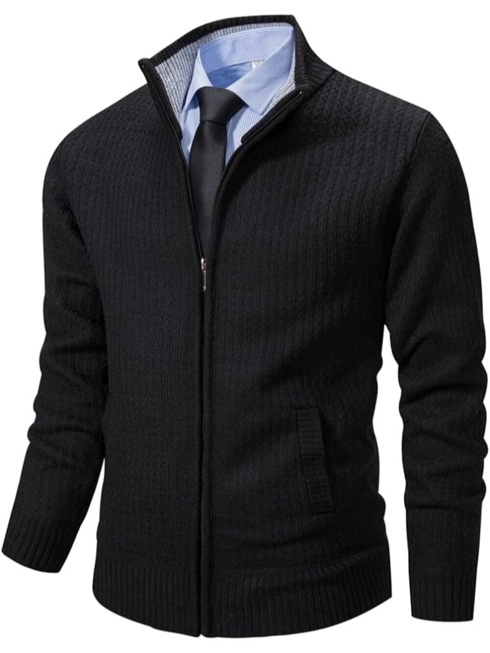 🆕Men's Black Cardigan Sweaters Full Zip Knitted Zipper Stand Collar Business